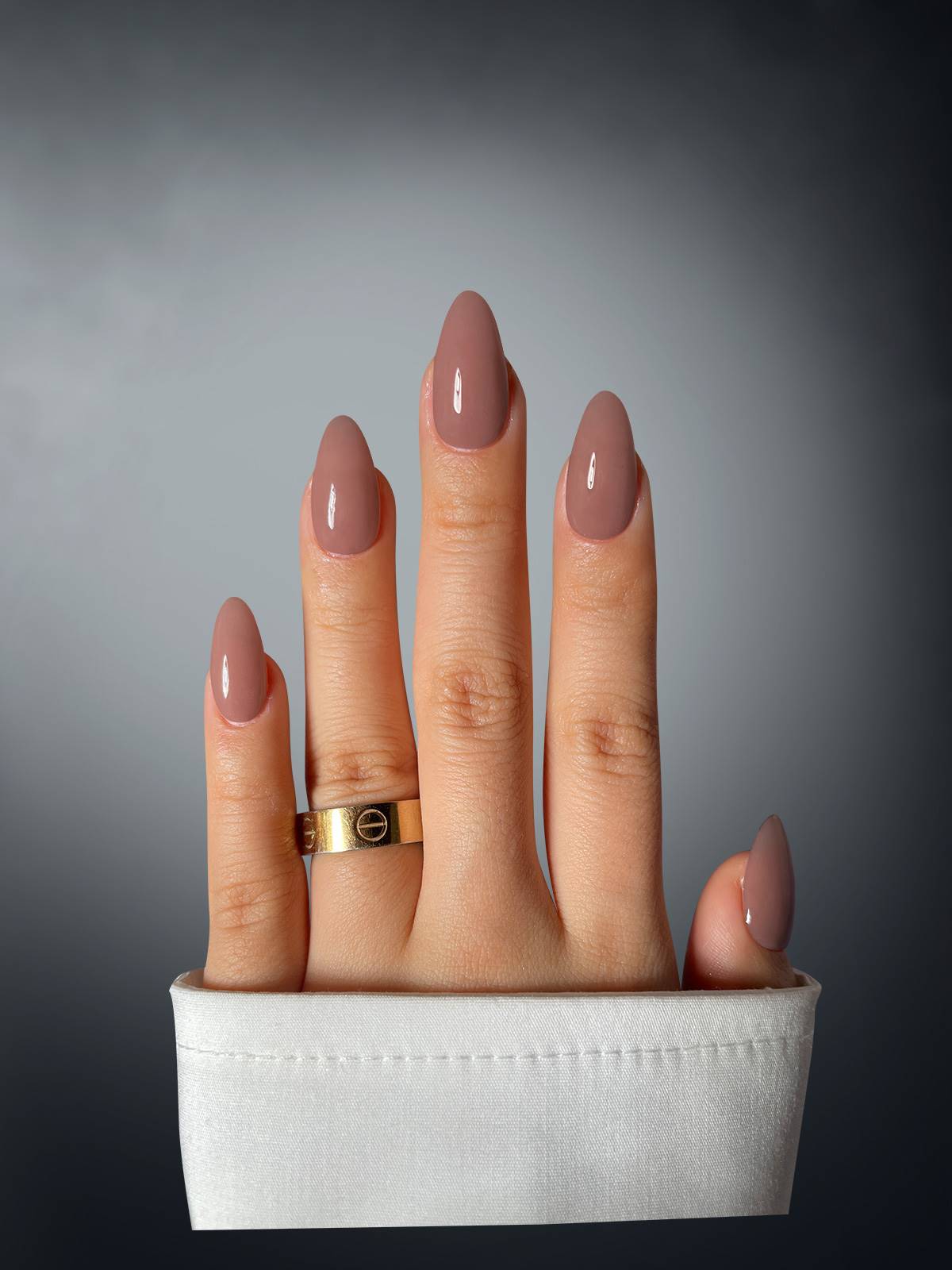 A hand with five glossy nude-pink nails, polished with Sassy Saints' Luminous Lady Dipping Powder, emerges from a white cuff. A gold ring adorns the middle finger against a smooth gray gradient background. Brings The Salon Home.