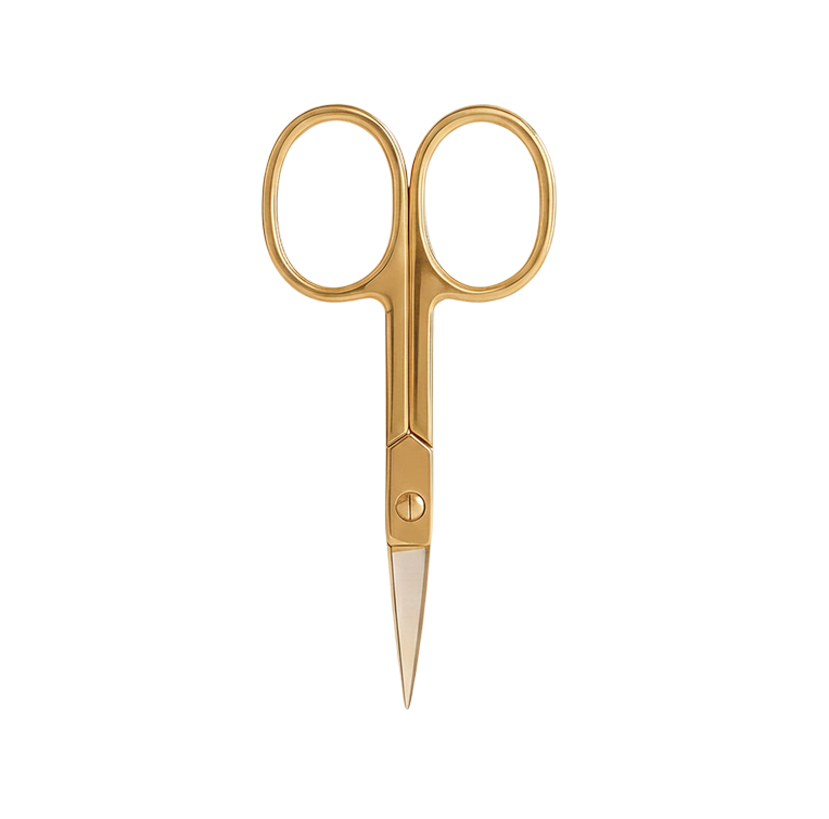 The Sassy Saints Nail Wrap Scissors (FREE) feature small gold handles and sharp, pointed silver blades, displayed against a plain white background.