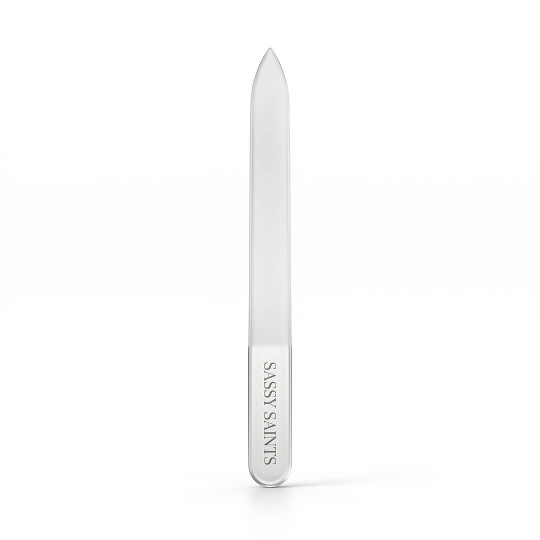 A Crystal Glass Nail File by Sassy Saints - Brings The Salon Home, featuring a pointed tip and the brand name printed on the handle, displayed against a plain white background.