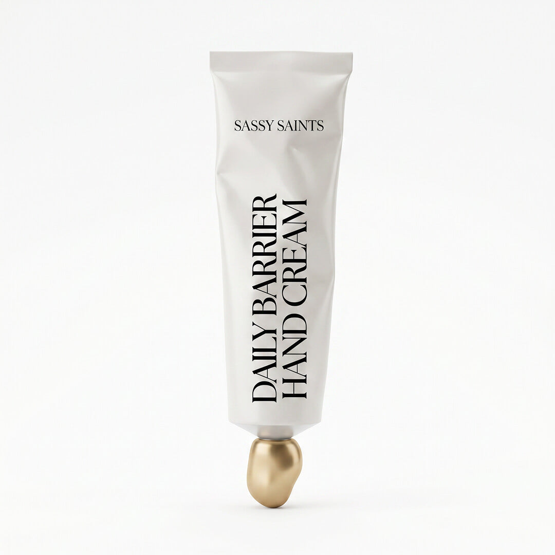 A tube labeled "Daily Barrier Hand Cream" from Sassy Saints - Brings The Salon Home stands upright on a white background, featuring a gold-colored cap at the bottom.