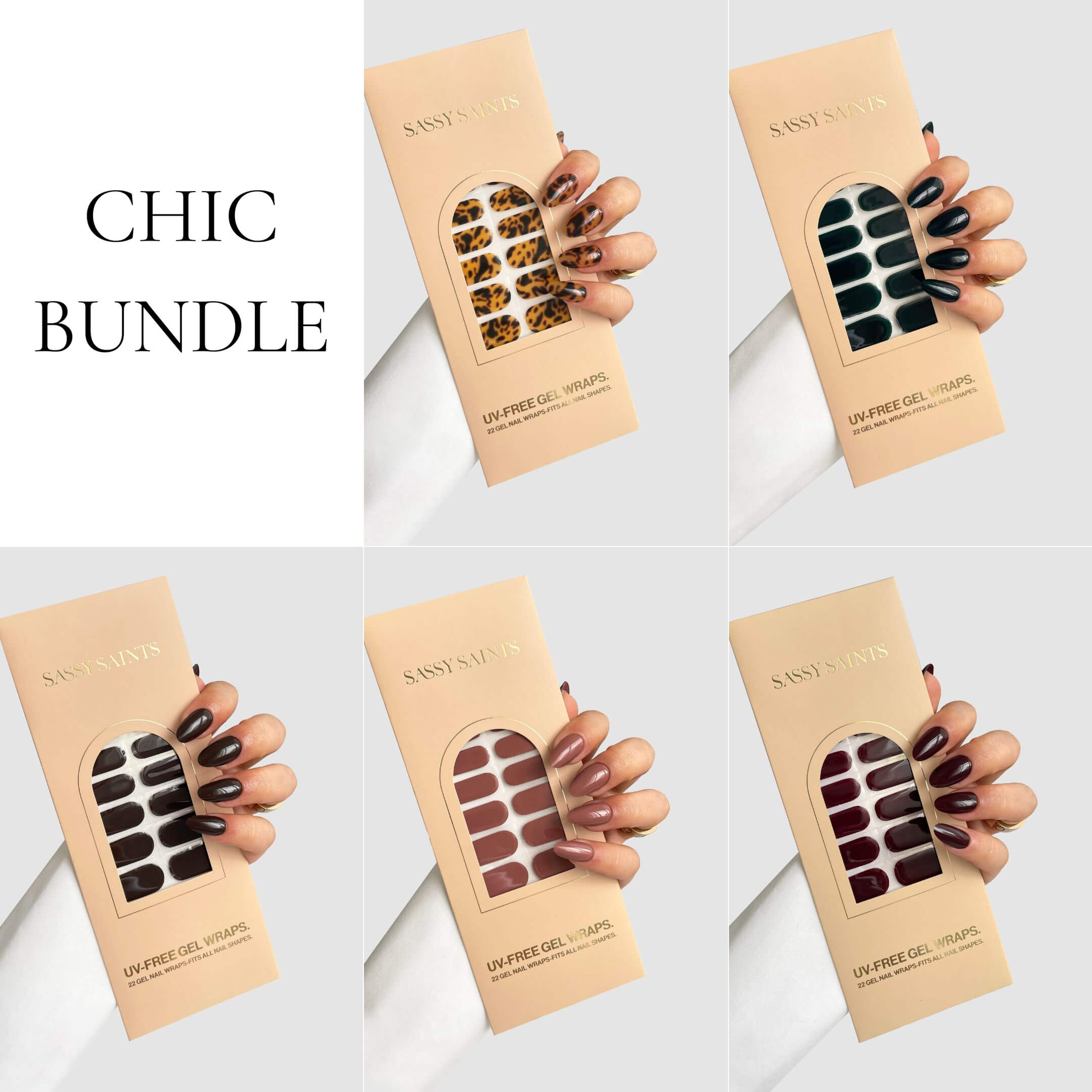 Five hands hold Sassy Saints’ CHIC BUNDLE (50% OFF) nail wraps, each with a unique animal print, black, green, nude, or burgundy design—Brings The Salon Home. "CHIC BUNDLE" text appears on a white background.