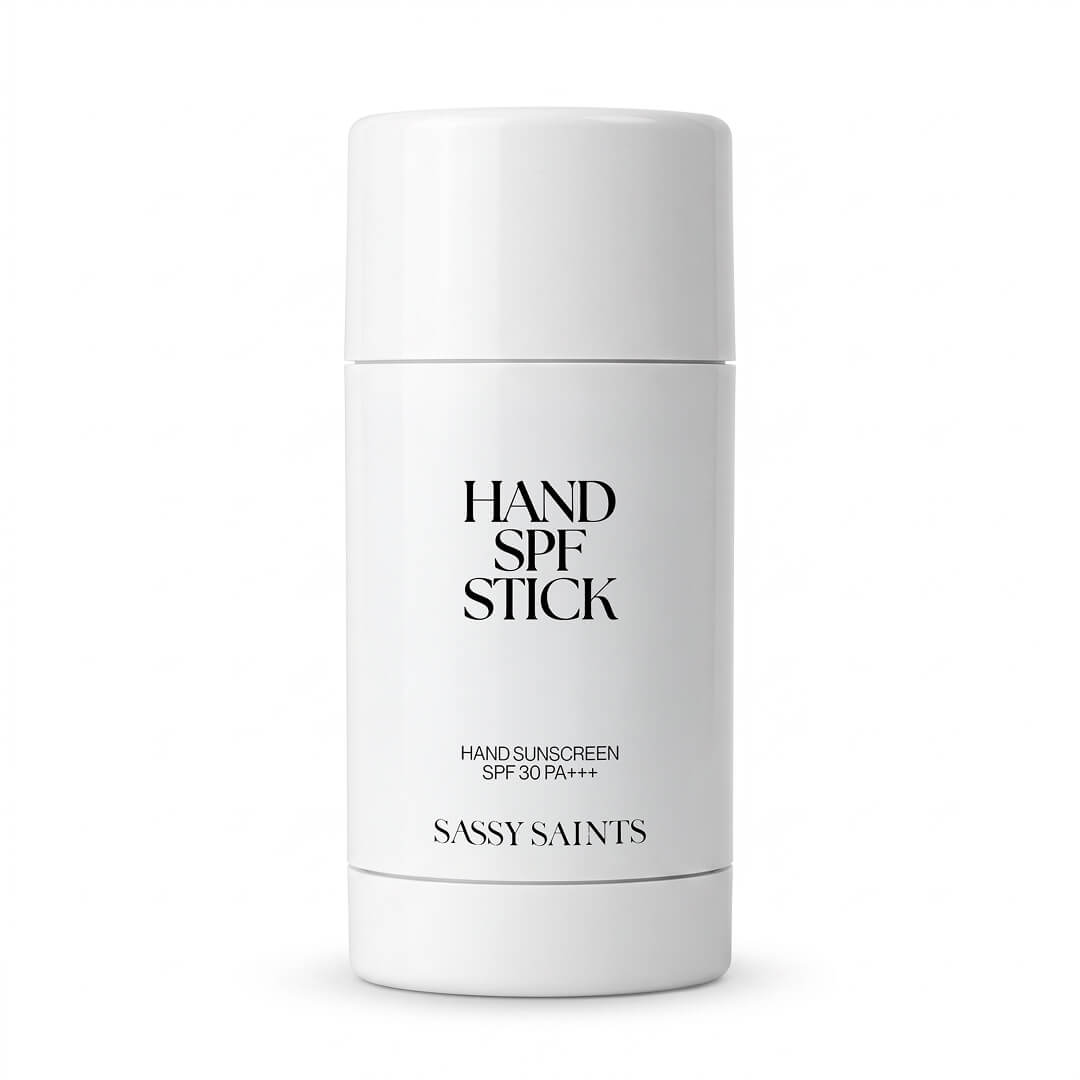 A white Hand SPF Stick with SPF 30 PA++++ from Sassy Saints – Brings The Salon Home, standing upright on a plain white background.