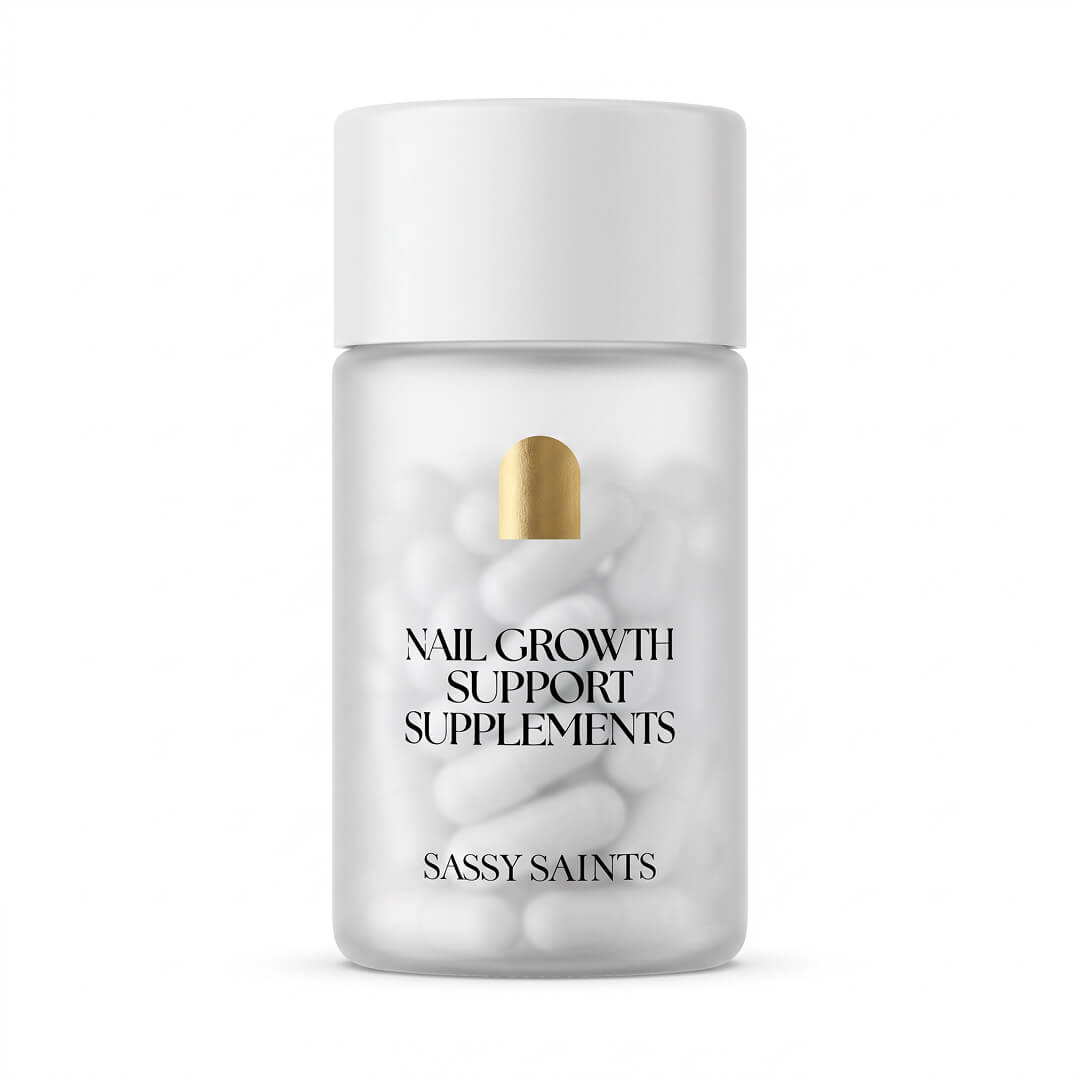 A frosted bottle labeled Nail Growth Supplements by Sassy Saints - Brings The Salon Home, featuring a gold nail icon. The bottle contains white capsules with a white cap, set against a plain background.