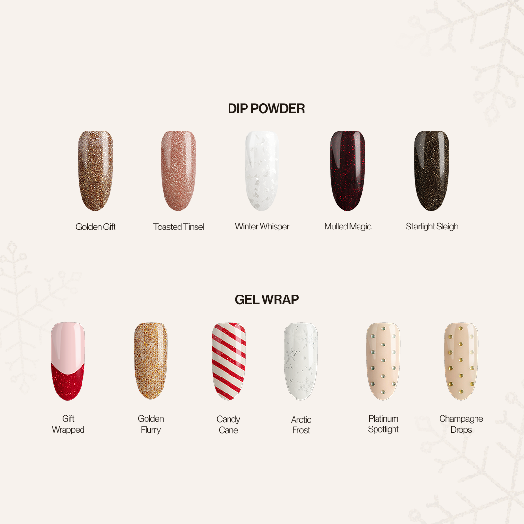 The Sassy Saints Dip & Wrap Ultimate Christmas Bundle showcases 12 festive nail designs: 5 Dip Powder (gold, bronze, white, dark red, brown) and 7 Gel Wrap (red/white, gold, striped red, speckled white, silver, beige options).