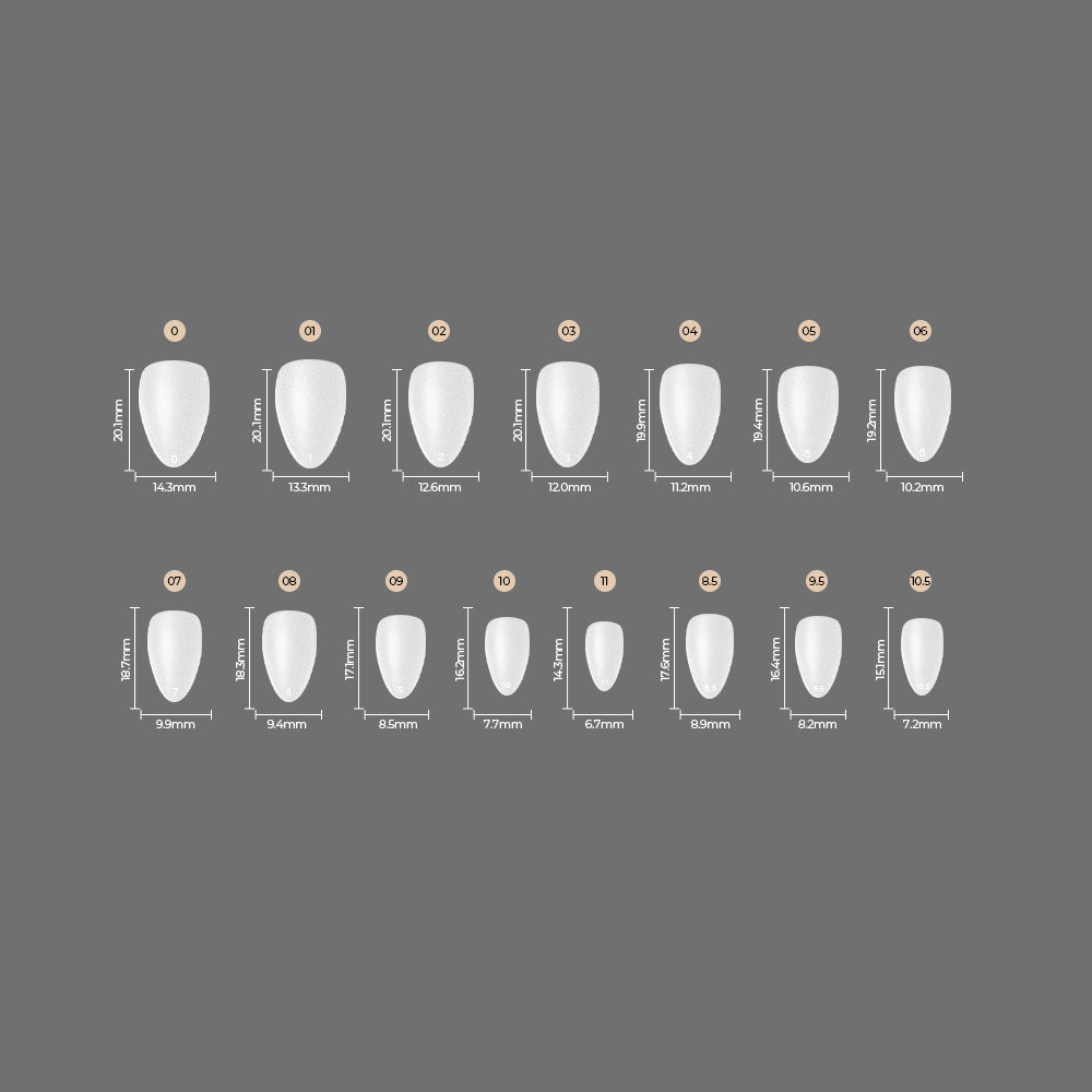 Chart of 14 Sassy Saints Almond Full Tips in two rows, each nail labeled with a unique number, width, and height measurement beneath it, all displayed on a solid gray background.