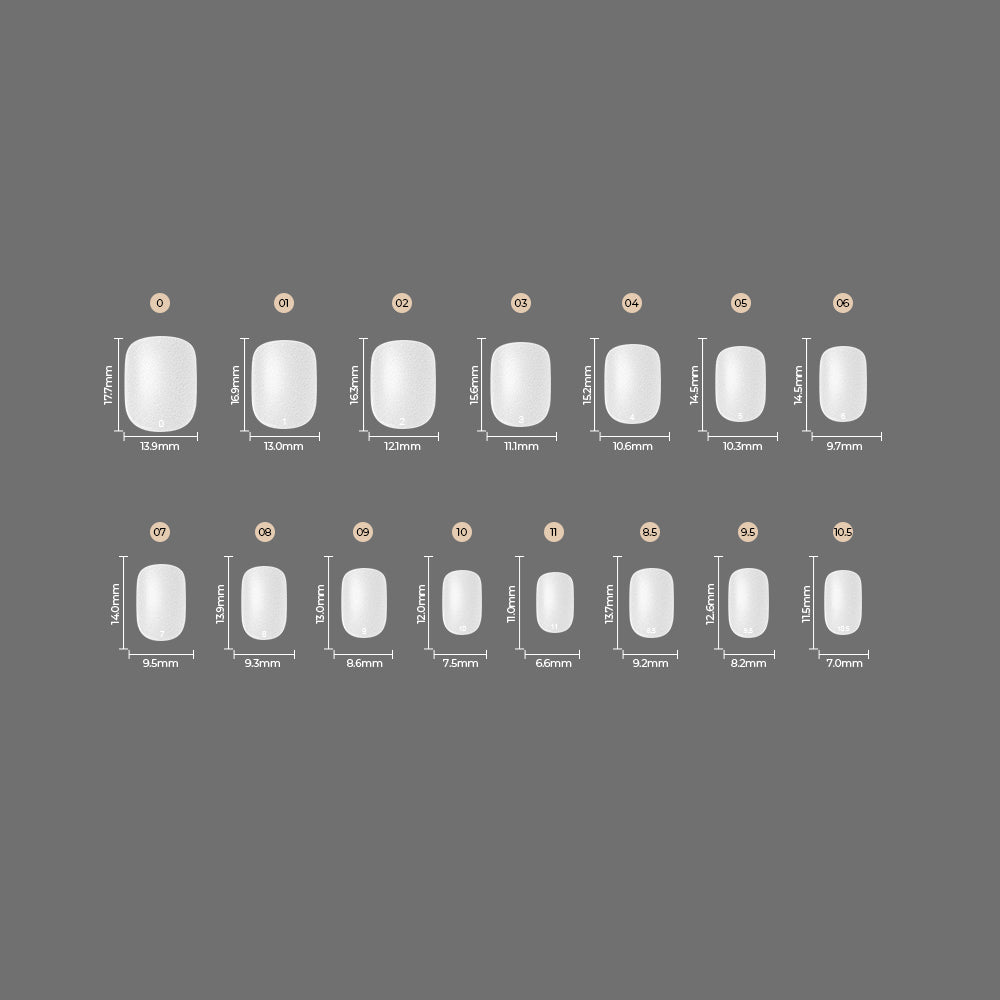 Sassy Saints Oval Full Tips: a set of 14 artificial nails in assorted sizes, each labeled in millimeters for height and width, arranged in two rows on a gray background.