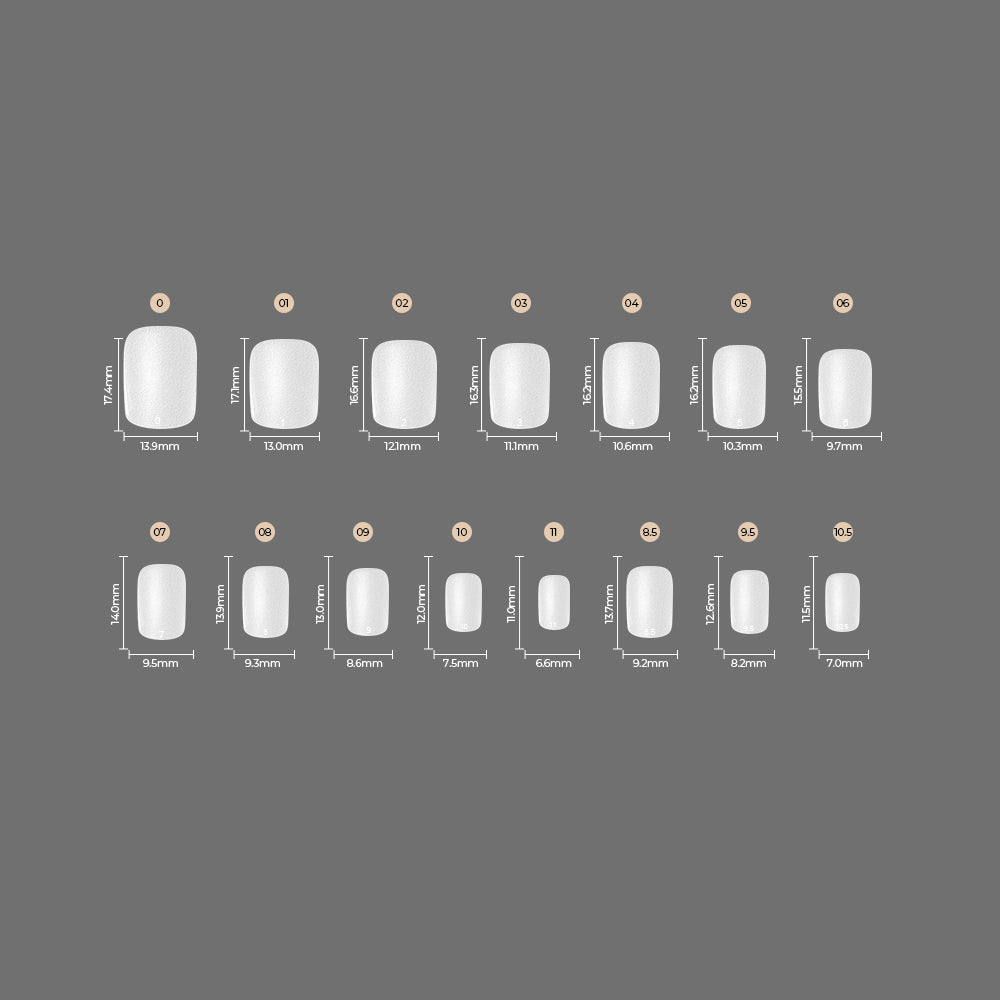 A set of 14 Sassy Saints Squoval Full Tips, artificial nail tips in assorted sizes, are arranged in two rows on a gray background. Each tip is labeled with its width and height in millimeters.