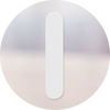 A white vertical oval shape centered on a circular background with soft, blurred beige and gray tones.