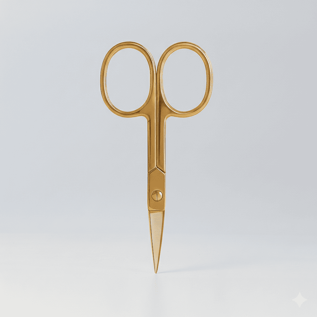 Sassy Saints - Brings The Salon Home Nail Wrap Scissors (FREE), gold-colored with rounded handles, stand upright on a white surface against a light gray background. These small scissors are ideal for grooming or detailed nail care tasks.