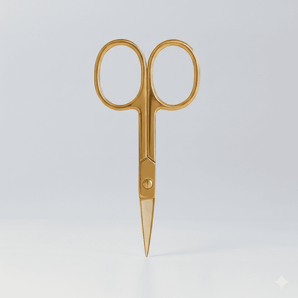 The Sassy Saints - Brings The Salon Home Nail Wrap Scissors, featuring gold-colored rounded handles and short blades, stand upright against a plain, light background.